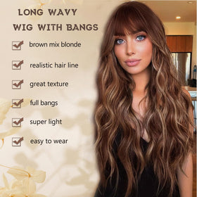 MINSEEYOO long wavy brown mix wig highlights natural movement.