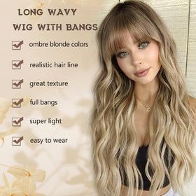 MINSEEYOO ombre blonde wig on model highlights beachy waves and face-framing bangs.