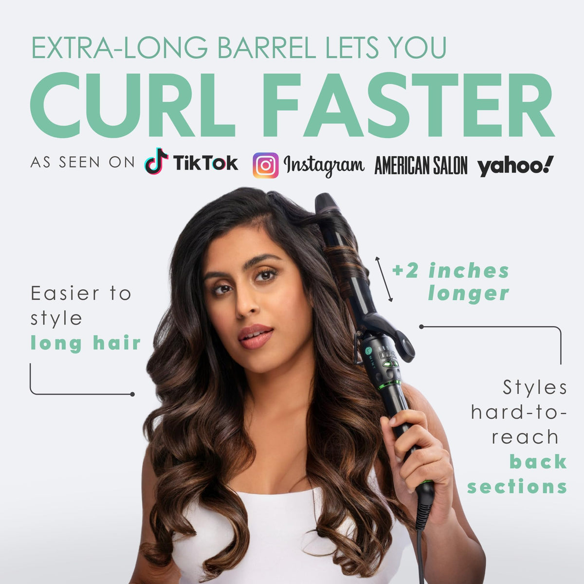 MINT curling iron two-heater system for faster, even curling.