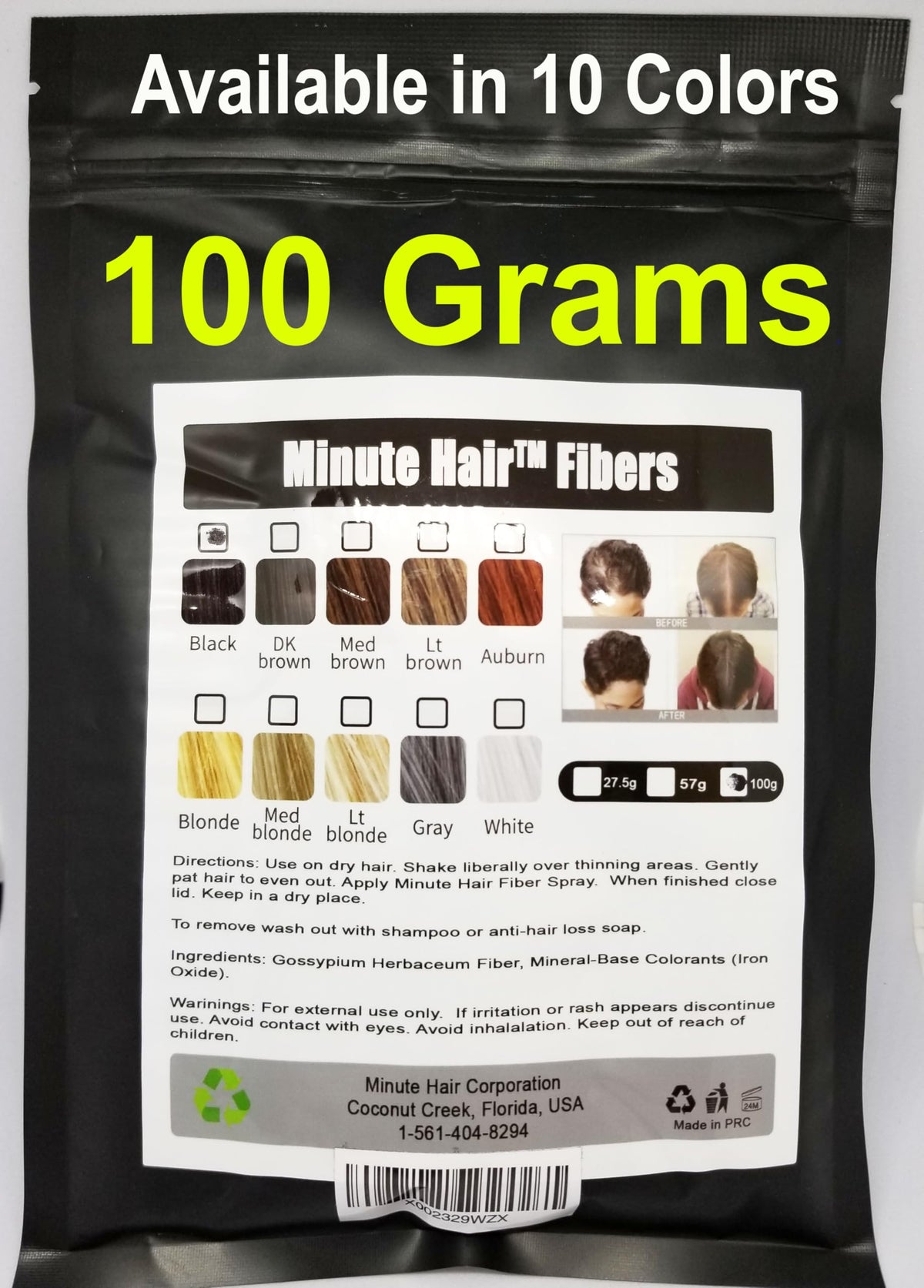 Minute Hair fibers bottle dispense showing instant concealment for thinning areas