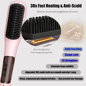 Miofen Steam Hair Straightener Brush in action smoothing hair during straightening