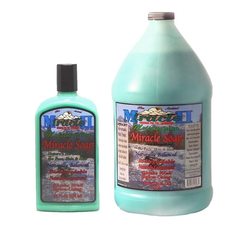 Miracle II Moisturizing Soap gallon bottle on bathroom shelf, easy cleanser for skin and hair.