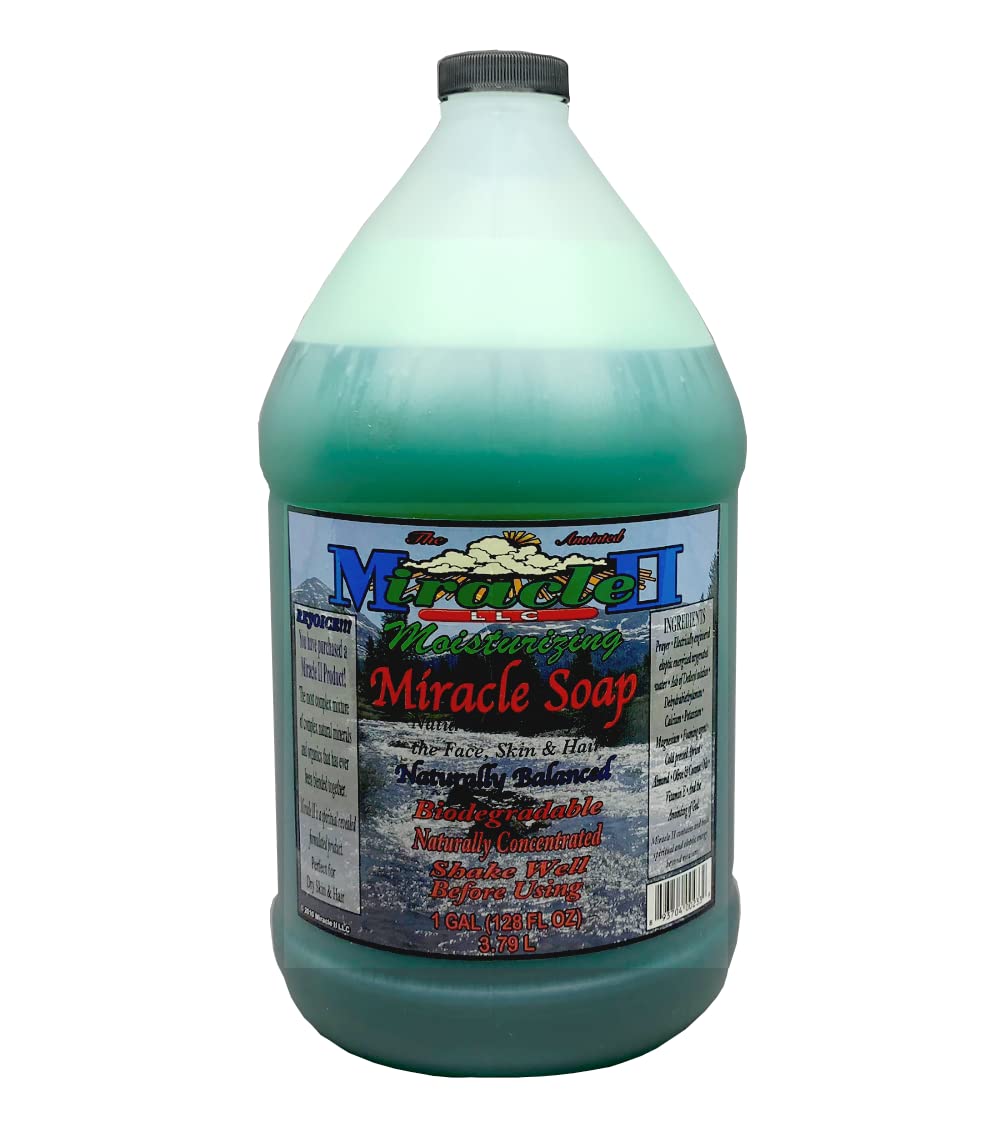 Miracle II Moisturizing Soap gallon pour demonstrates gentle cleansing and detox-friendly routine.