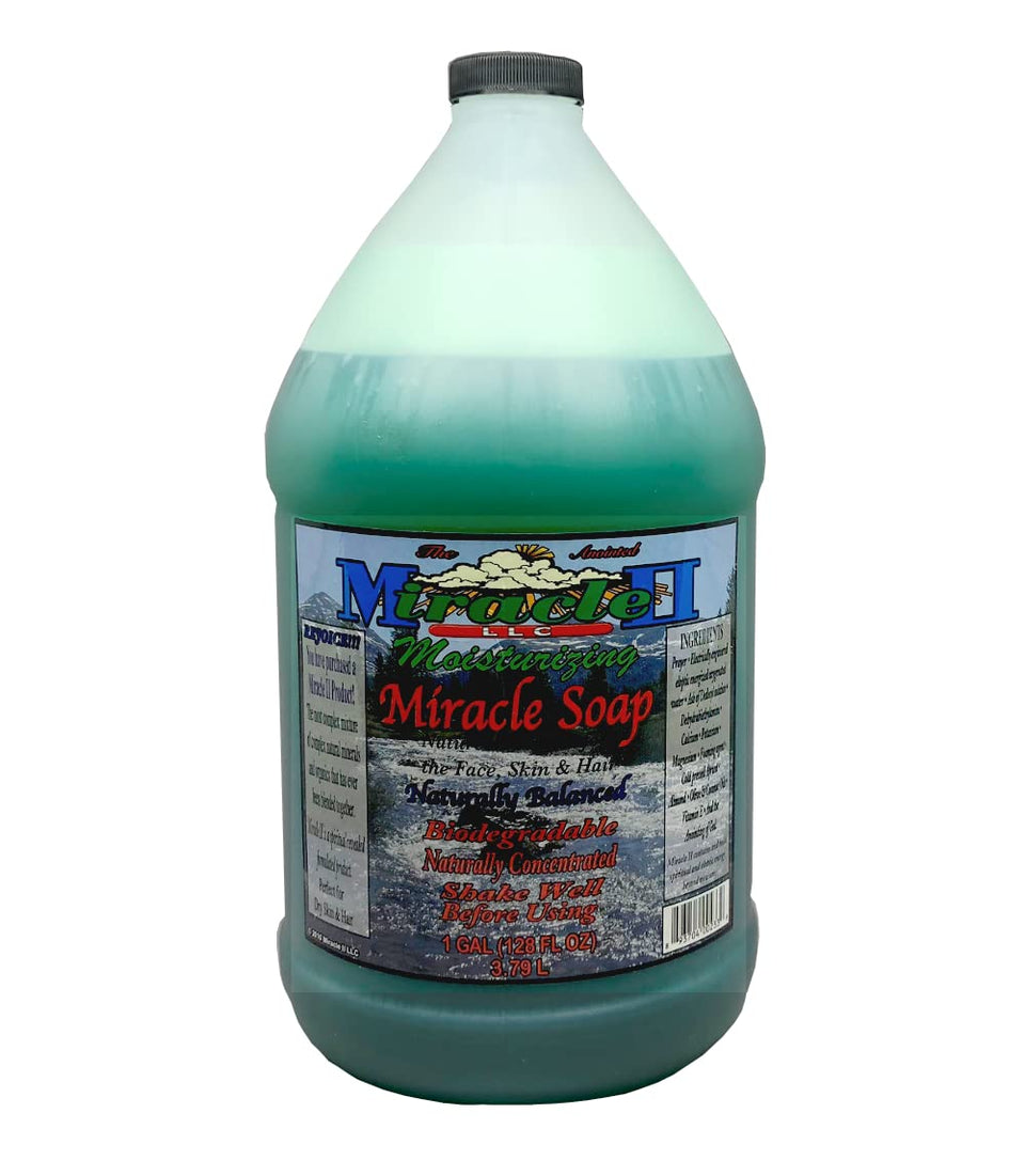 Miracle II Moisturizing Soap gallon pour demonstrates gentle cleansing and detox-friendly routine.