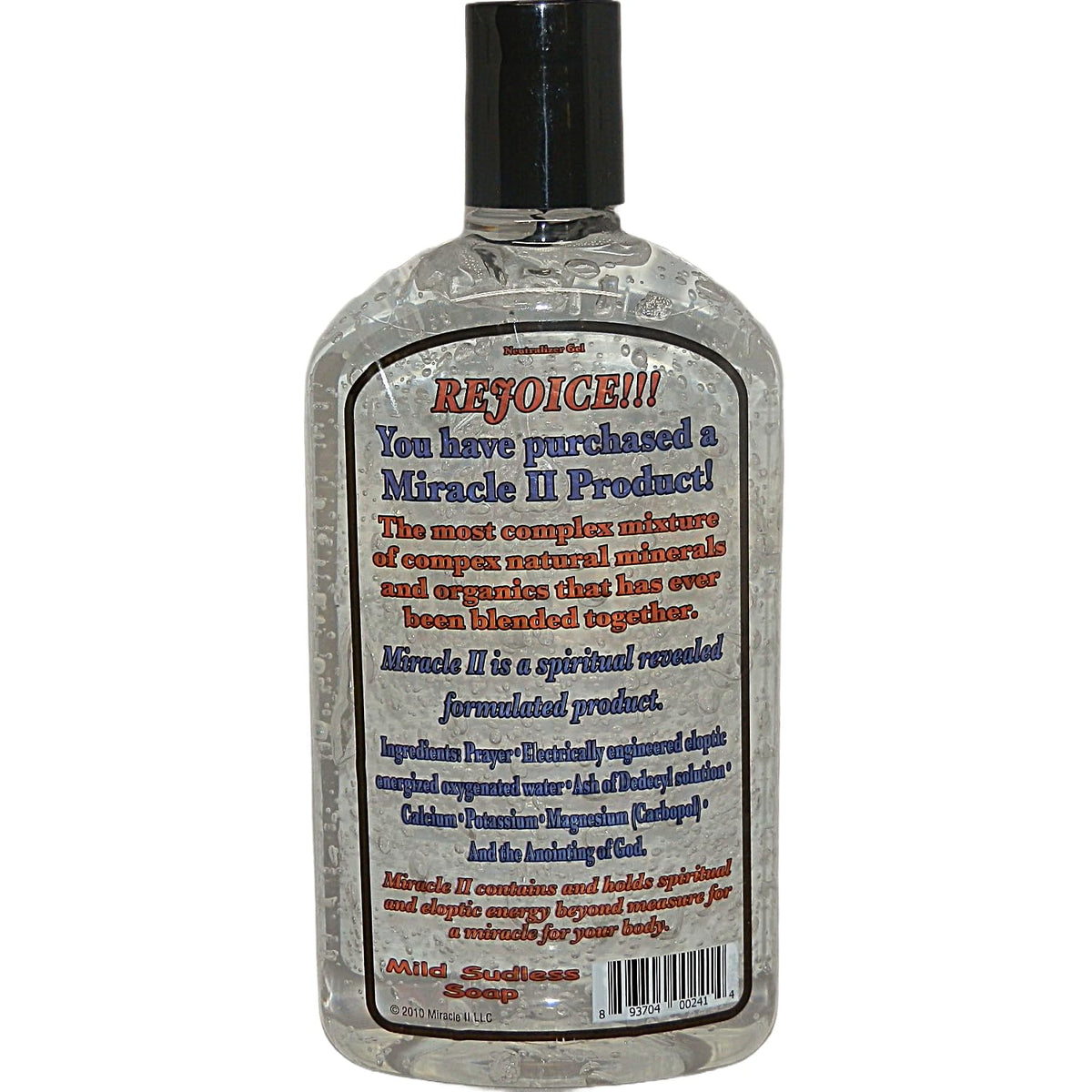 Miracle II Neutralizer Gel label closeup shows all-natural ingredients and fragrance-free formula.