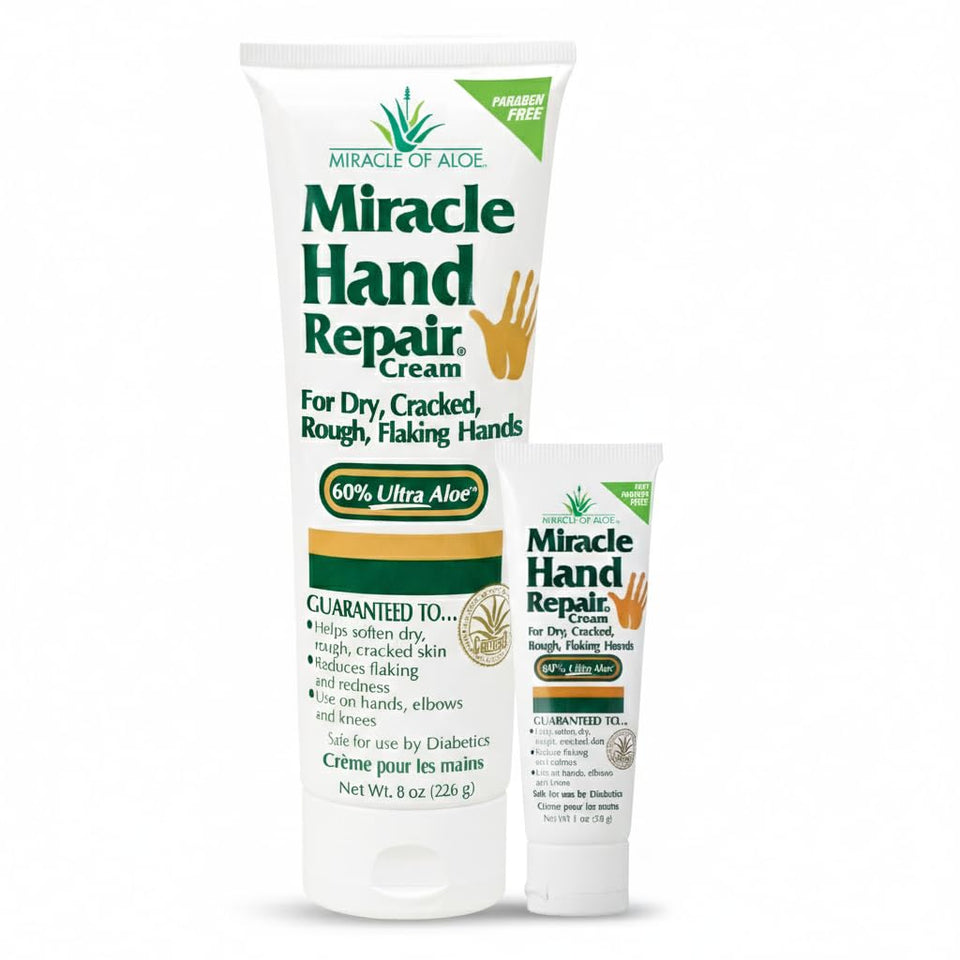 Miracle of Aloe Hand Repair Cream closeup highlighting 60% UltraAloe gel for hydration.