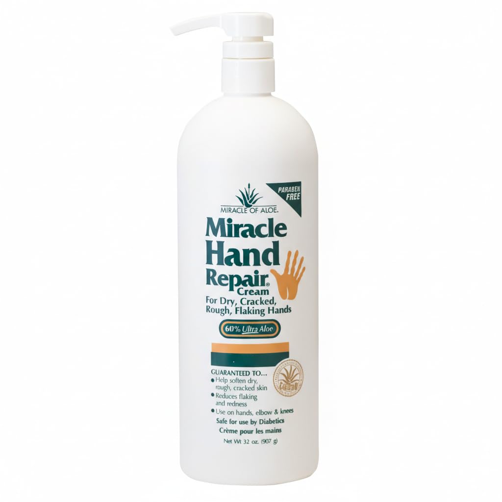 Miracle of Aloe hand repair cream bottle pour showing non-greasy texture