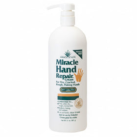 Miracle of Aloe hand repair cream bottle pour showing non-greasy texture