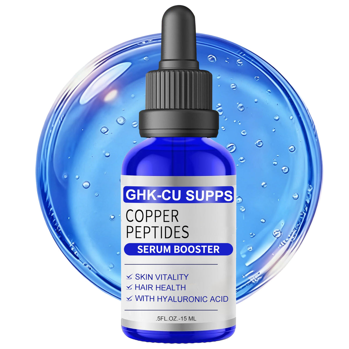 Miracle Official GHK-Cu Serum bottle shows copper peptide support for skin and hair vitality.