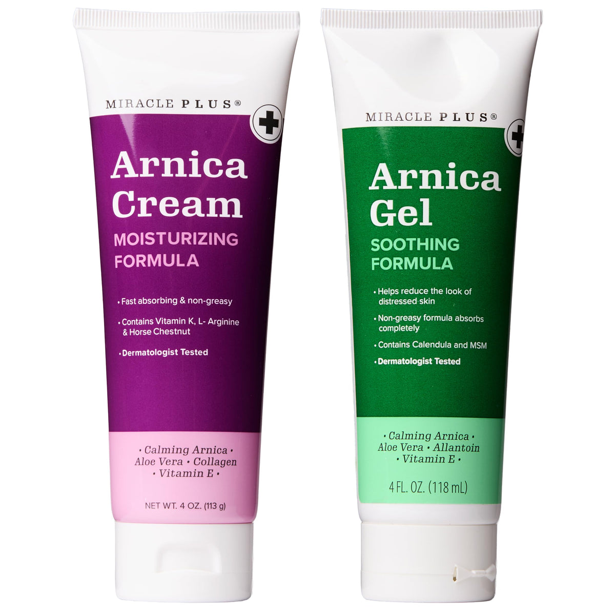Miracle Plus Arnica Cream bottle close-up for bruise relief and skin support.