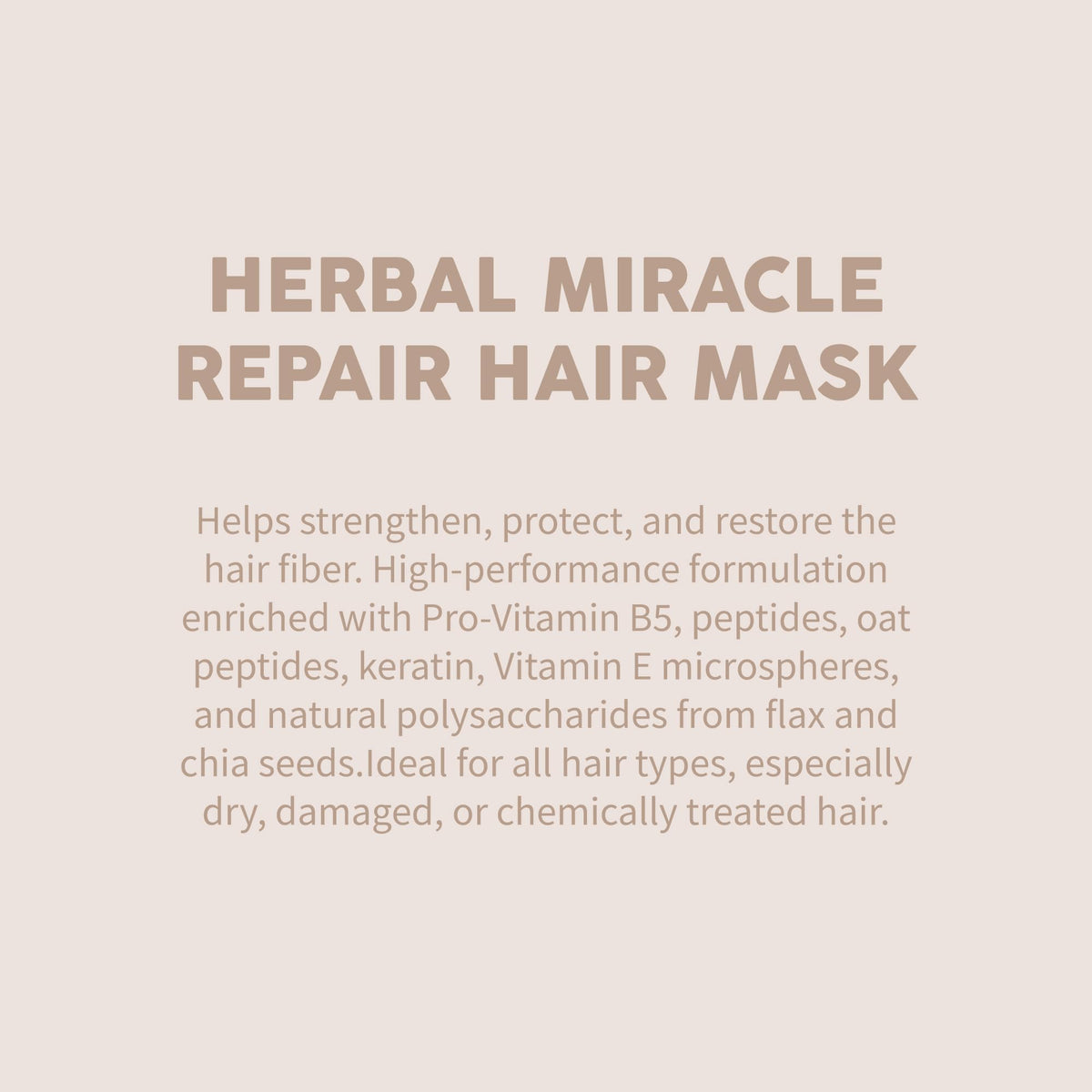 Miracles By Milagros Herbal Miracle Repair Hair Mask ingredients bottles highlighting Pro-Vitamin B5 and keratin