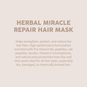 Miracles By Milagros Herbal Miracle Repair Hair Mask ingredients bottles highlighting Pro-Vitamin B5 and keratin