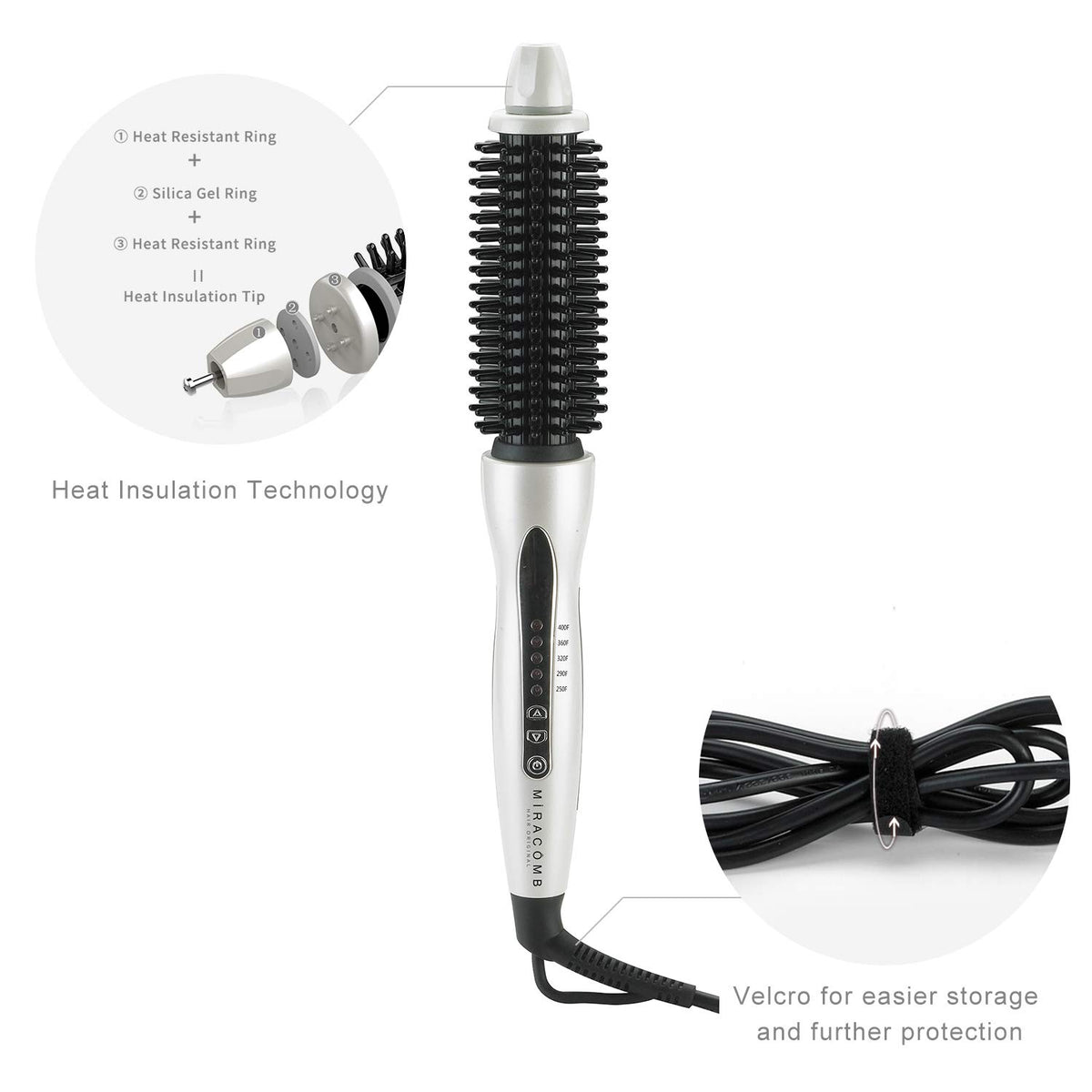 MIRACOMB 360° swivel cord prevents tangles for smoother sessions.
