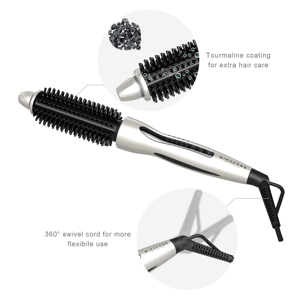 MIRACOMB ceramic tourmaline barrel enhances shine during styling.