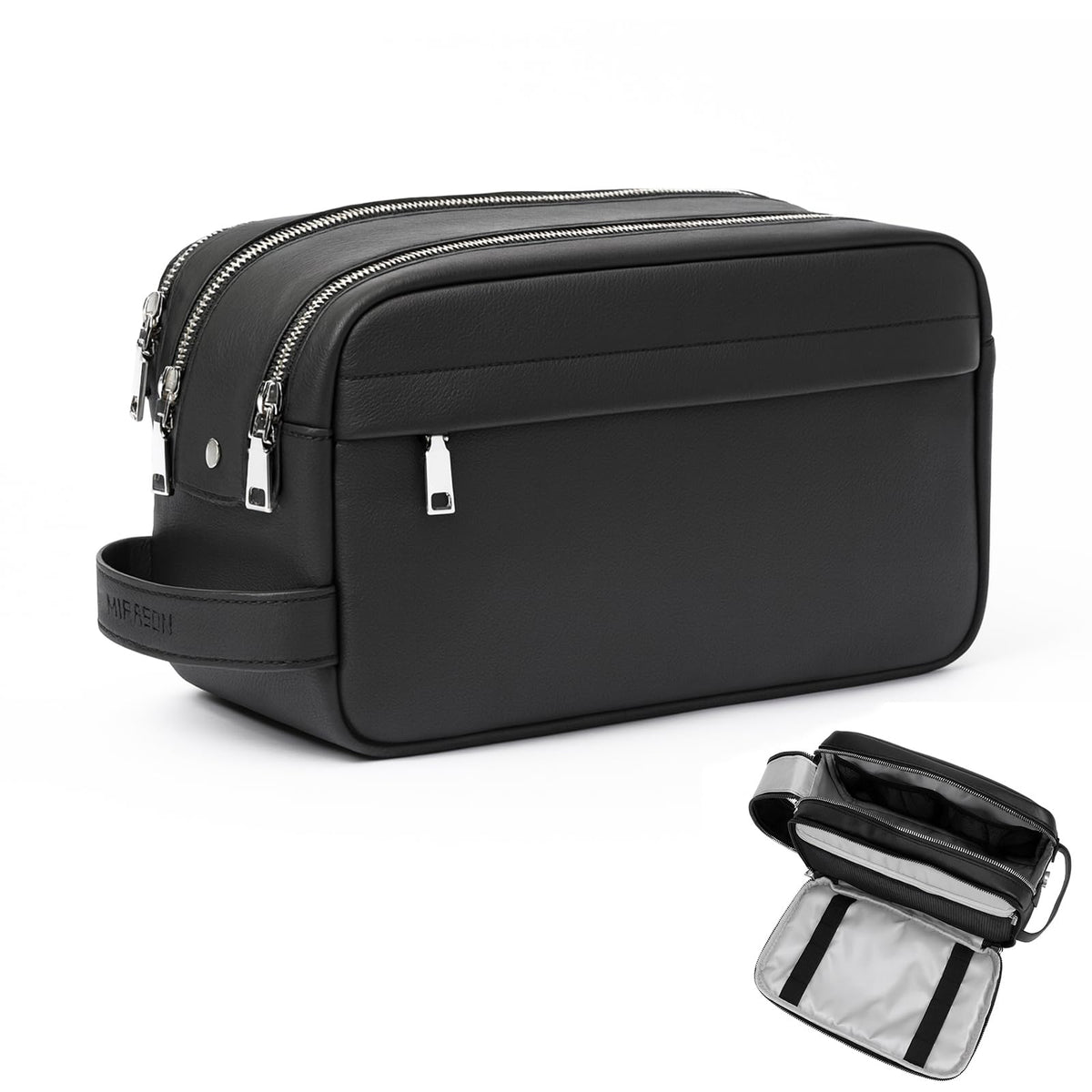 MIRASON travel toiletry bag in thick leather offers compact carry-on convenience.