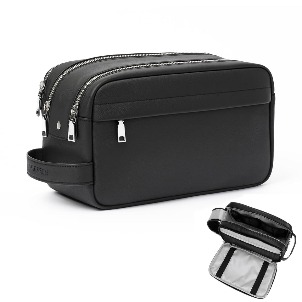 MIRASON travel toiletry bag in thick leather offers compact carry-on convenience.