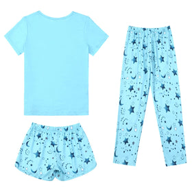 Mirawise Blue Moon shorts—stretchy, breathable sleepwear for active kids.