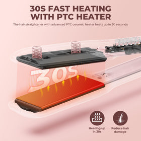MiroPure flat iron heats in 30 seconds with PTC technology for quick styling.