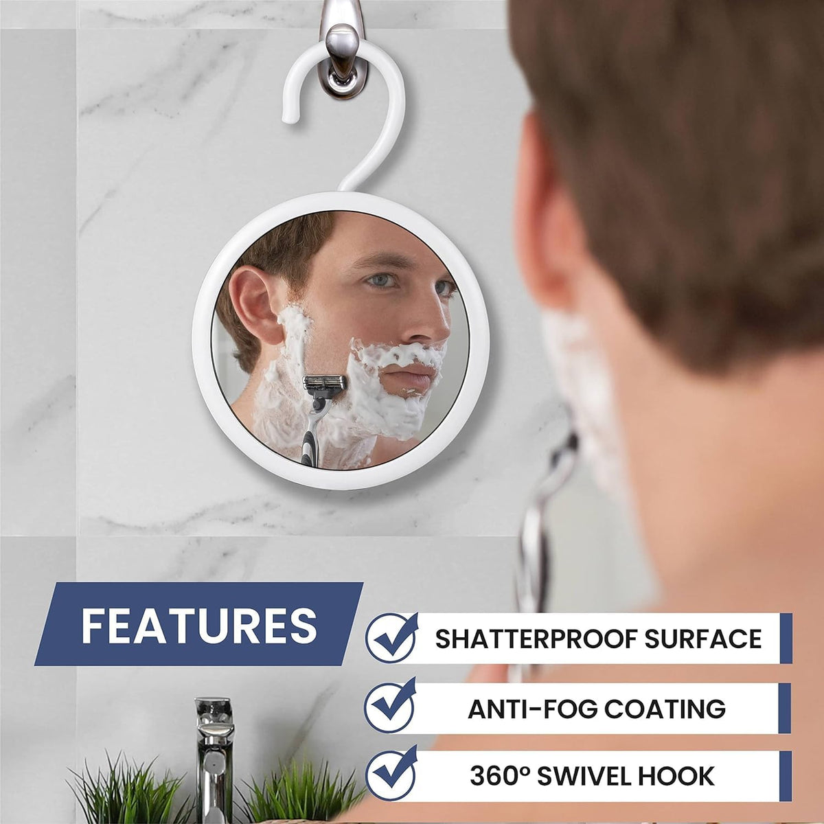 Mirrorvana 360° Rotatable Hook enables versatile hanging from shower fixtures.