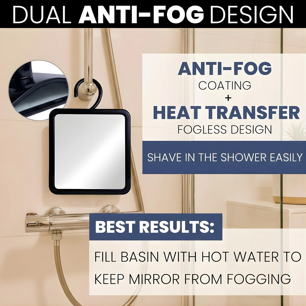 Back-chamber water-fill area in MIRRORVANA mirror reduces fog during showers.