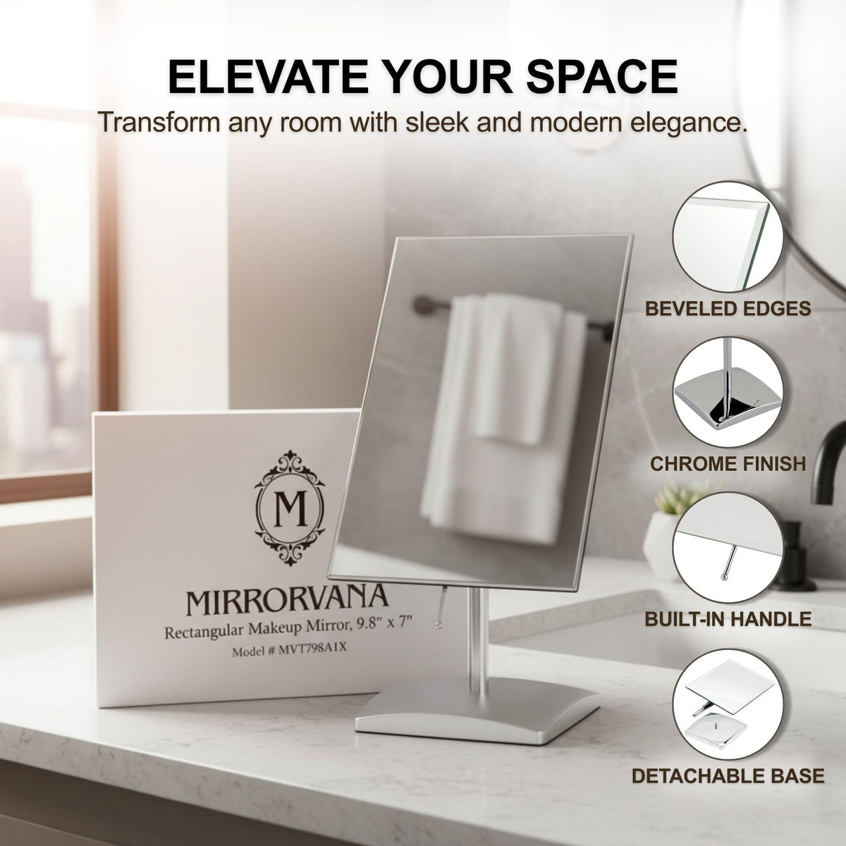 Mirrorvana desk-top mirror with adjustable stand for versatile viewing angles.