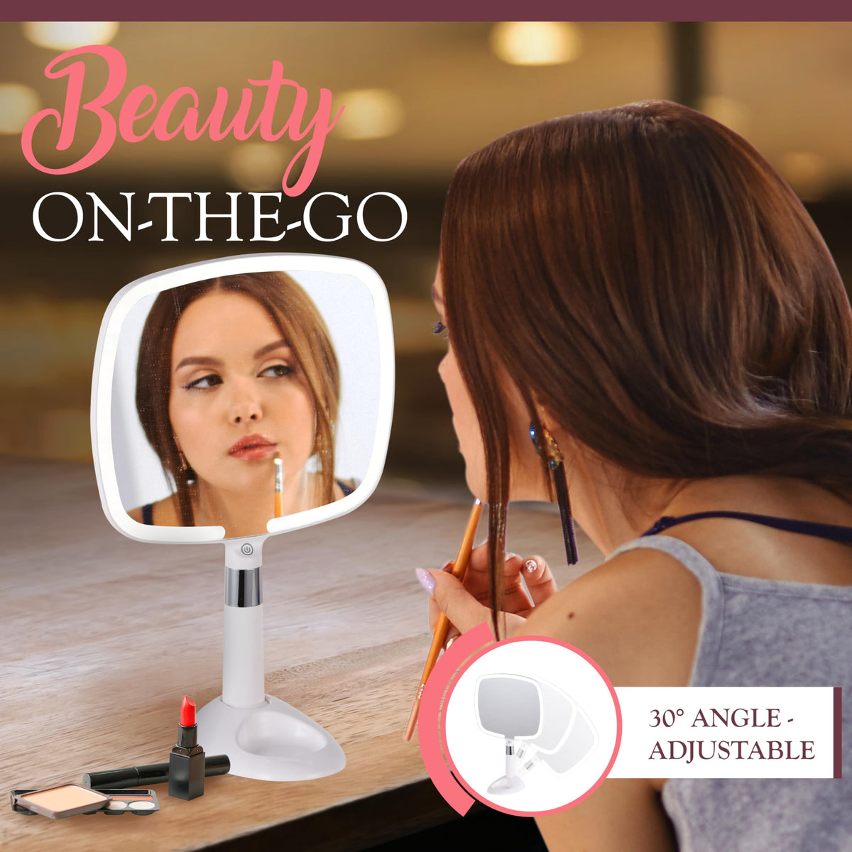 MIRRORVANA detachable stand enables flexible positioning for makeup routines.