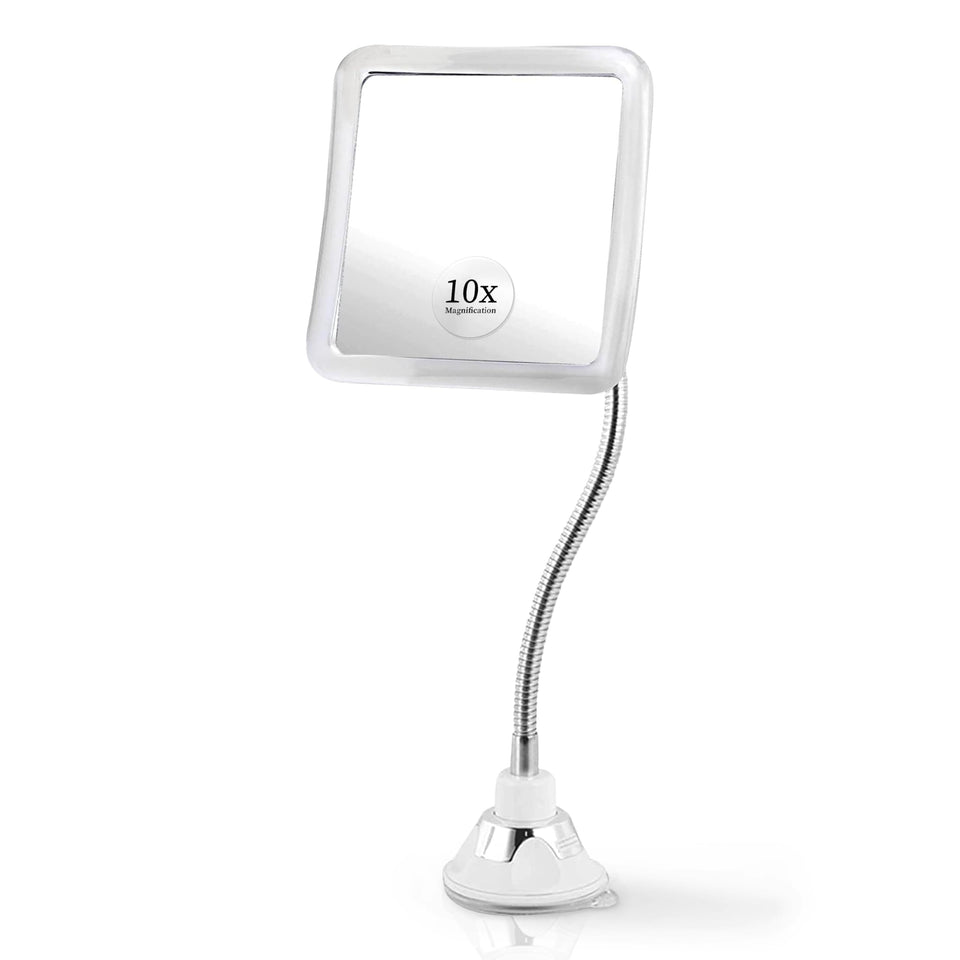 Mirrorvana flexible 10X magnifying square mirror on tabletop for precise makeup application.