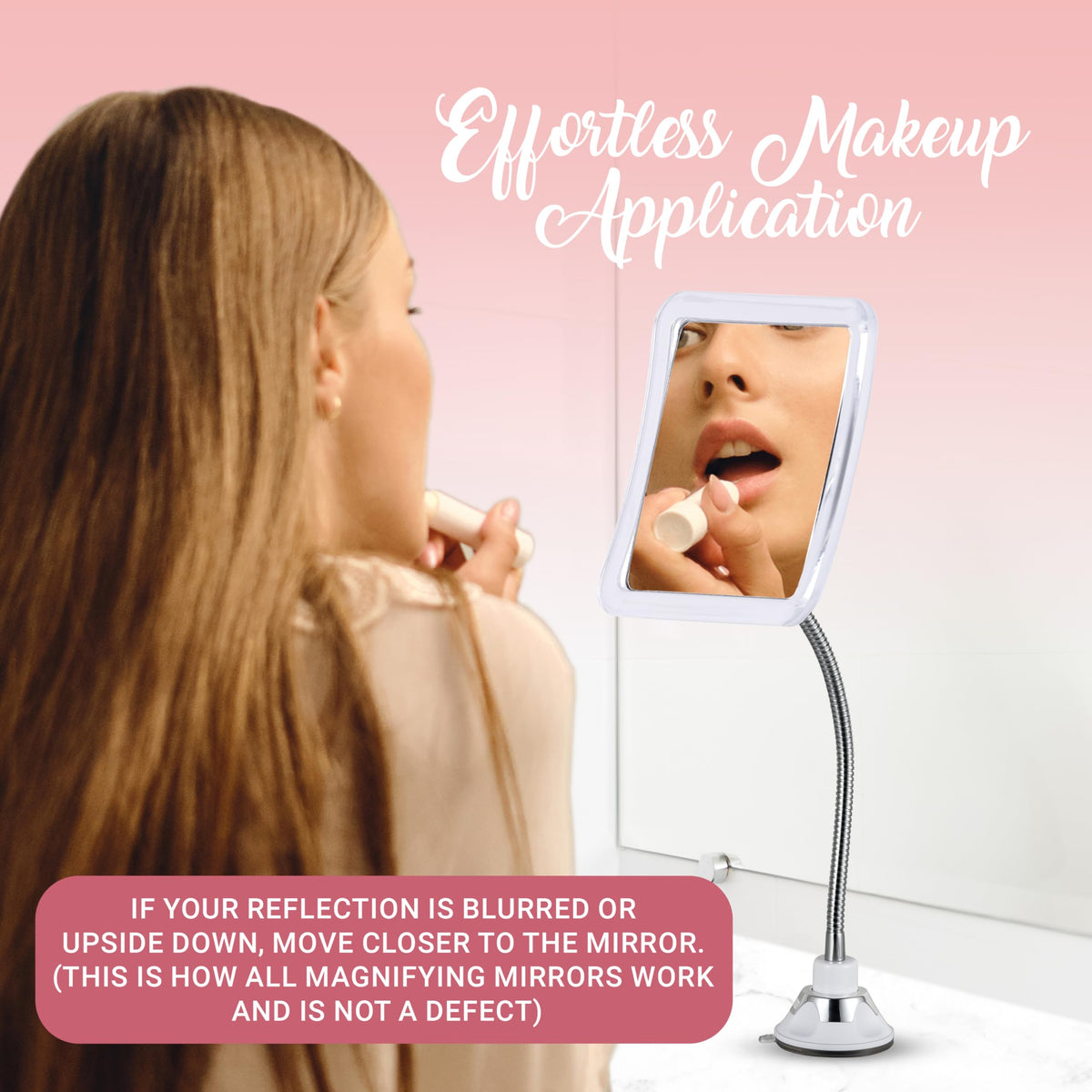 Mirrorvana suction cup wall mount securely attaches to smooth surfaces.
