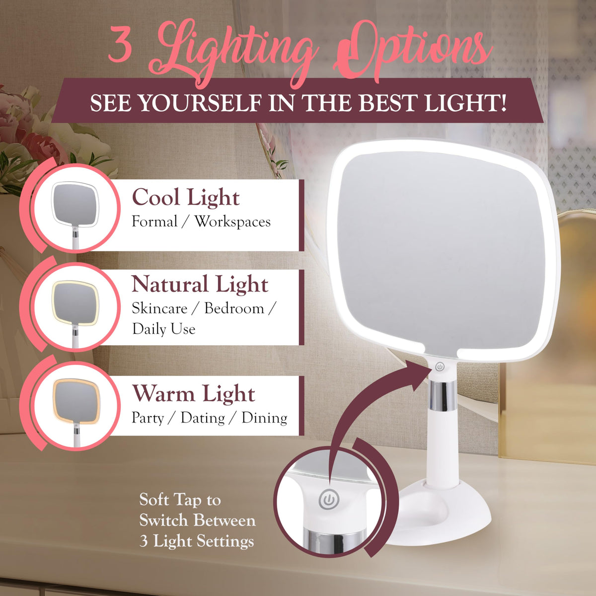MIRRORVANA travel mirror stand offers hands-free viewing at 30-degree angles.