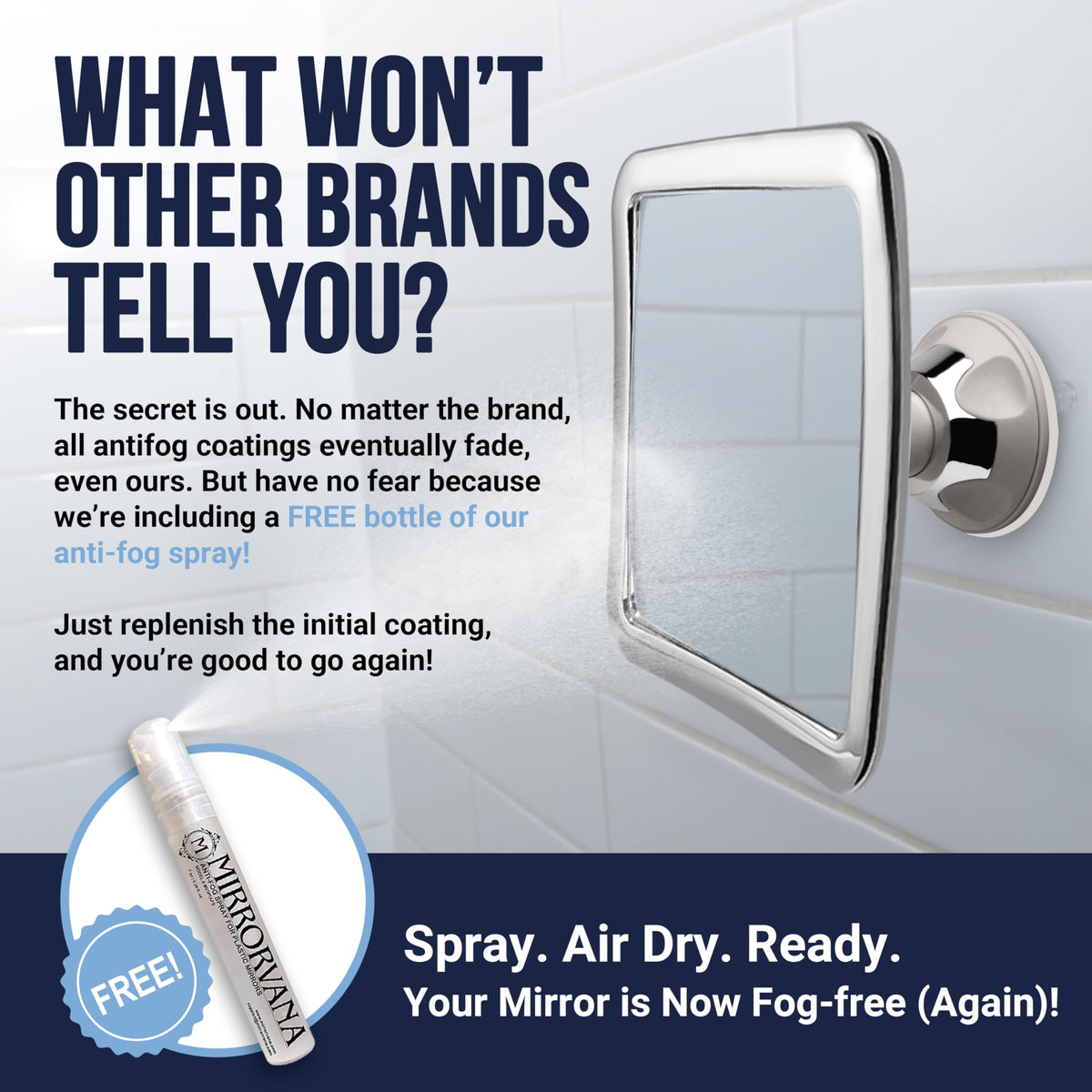 MIRRORVANA upgraded suction cup mount attaches securely on non-porous surfaces