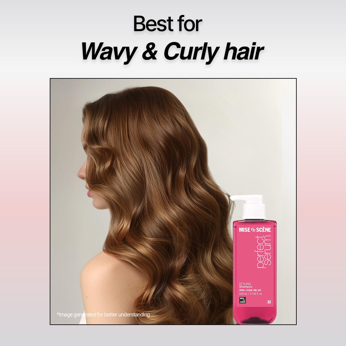 Mise En Scene Hair Perfume Shampoo pour action captured mid-pour for quick cleansing.