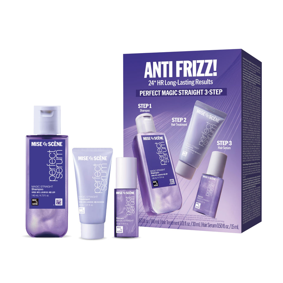 Mise En Scene Perfect Magic Straight Serum bottle for sleek, frizz control.