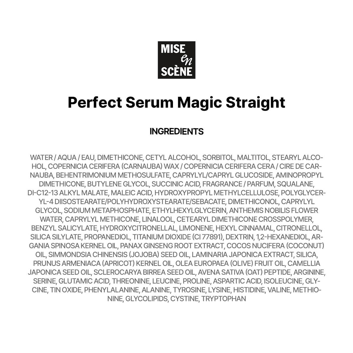Mise En Scene Perfect Magic Straight Serum on dresser with styling tools.