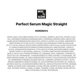 Mise En Scene Perfect Magic Straight Serum on dresser with styling tools.