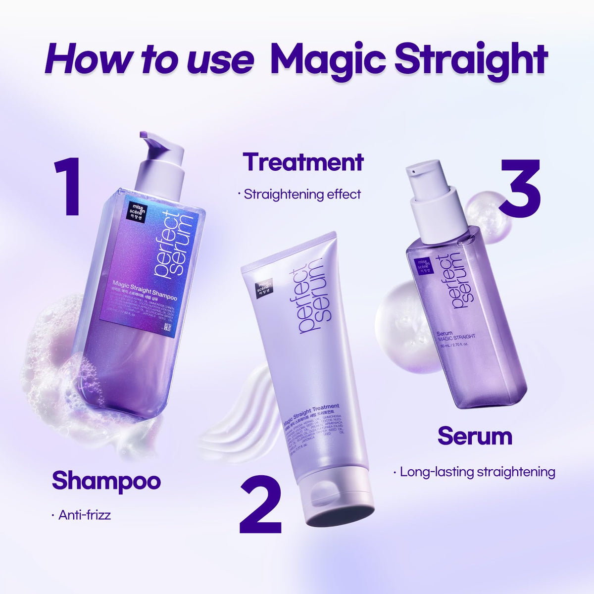 Mise En Scene Perfect Magic Straight Serum hands-application on mid-lengths for flyaway control.