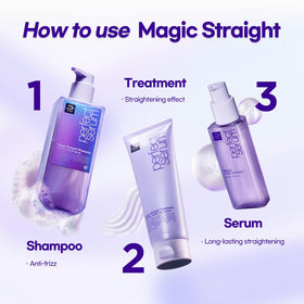 Mise En Scene Perfect Magic Straight Serum hands-application on mid-lengths for flyaway control.