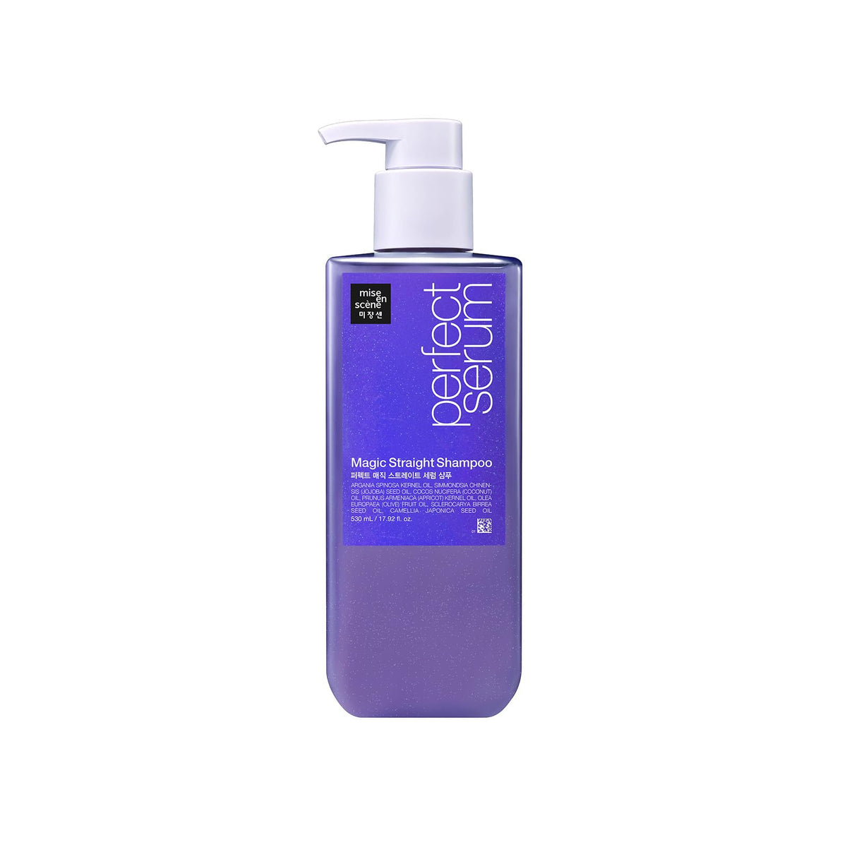 Mise En Scene Perfect Serum Straight Shampoo bottle pouring, showcasing frizz control benefits.
