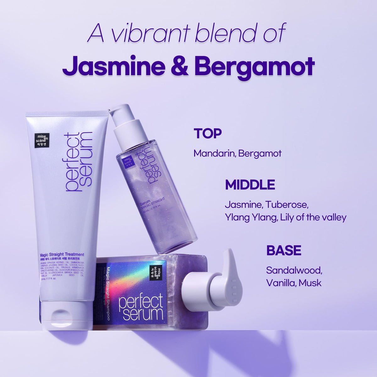 Mise En Scene Perfect Serum Straight Shampoo close up of shiny hair.