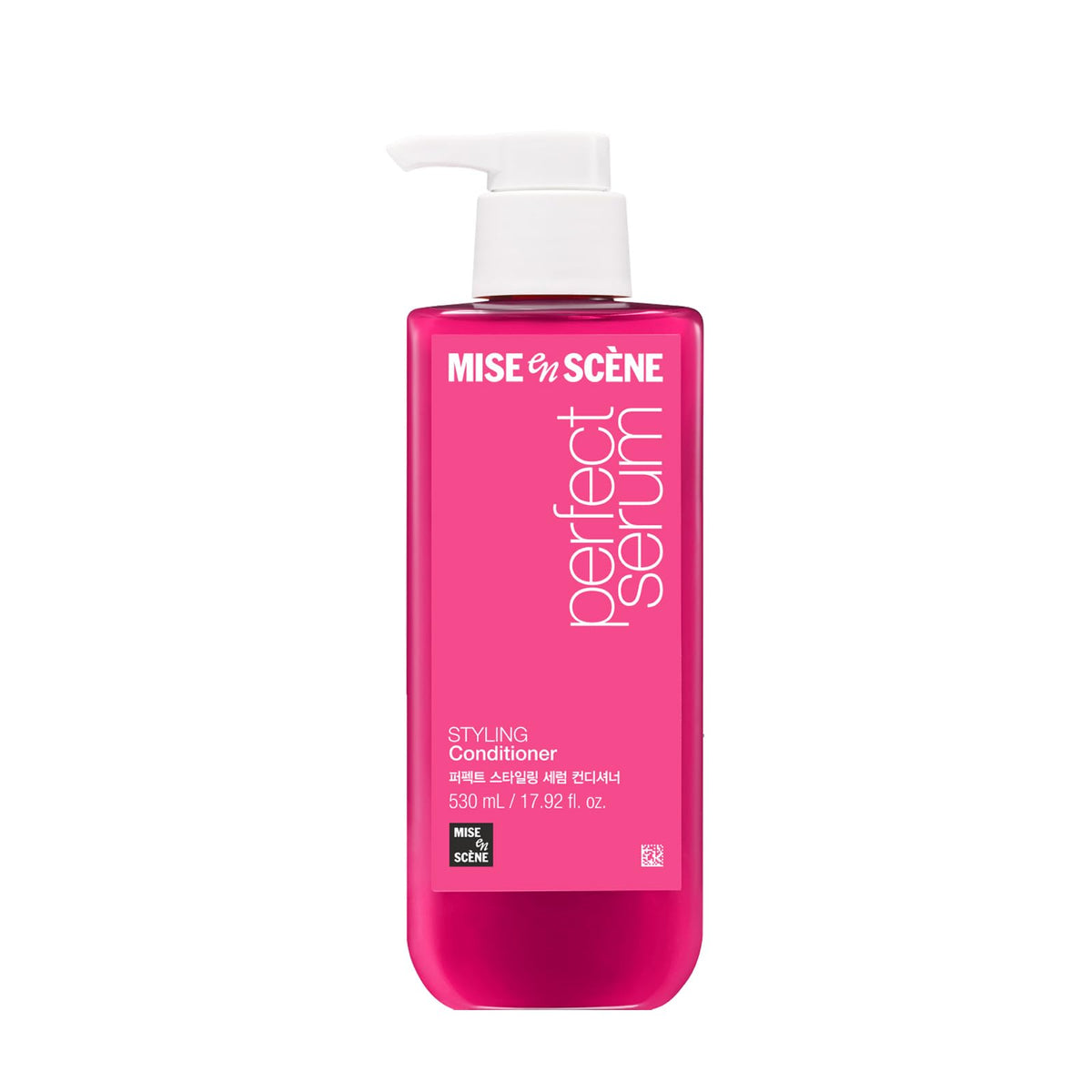 Mise En Scene Perfect Serum Styling Conditioner bottle closeup showcases powdery floral fragrance