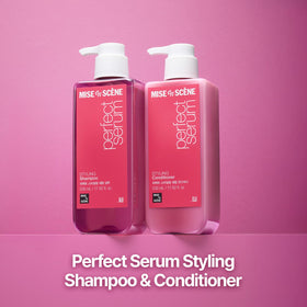 Mise En Scene Perfect Serum Styling Conditioner packaging on display emphasizes heat protection