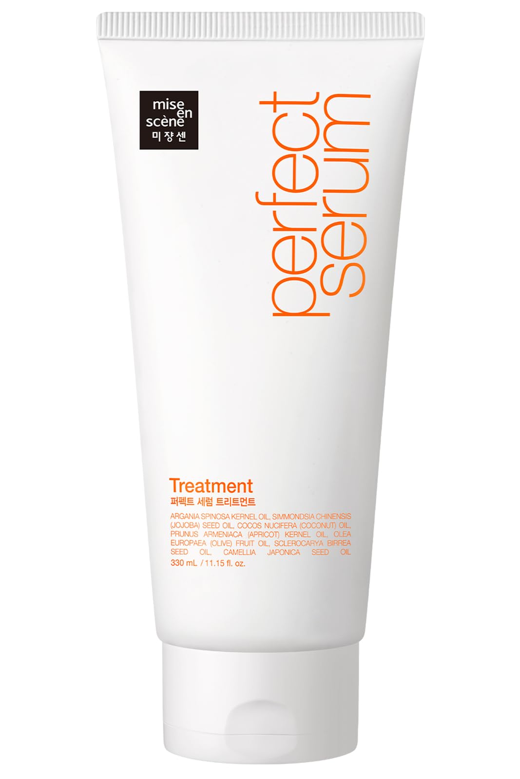 Mise En Scene Perfect Serum Treatment bottle on shower shelf for easy daily hair care.