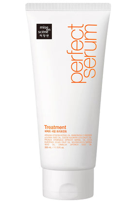 Mise En Scene Perfect Serum Treatment bottle on shower shelf for easy daily hair care.
