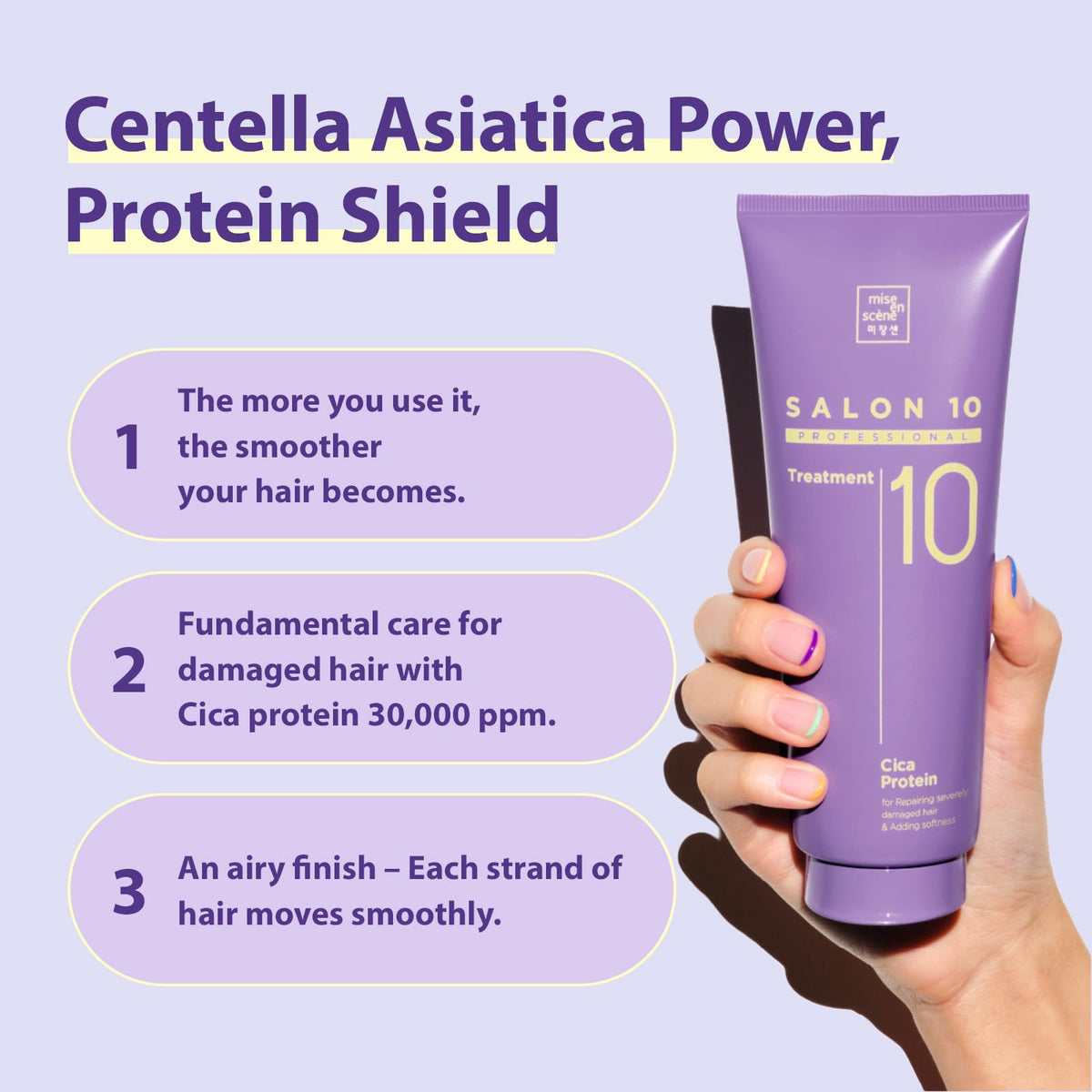 Mise En Scene Salon 10 centella asiatica ingredient highlighting nourishing boost.