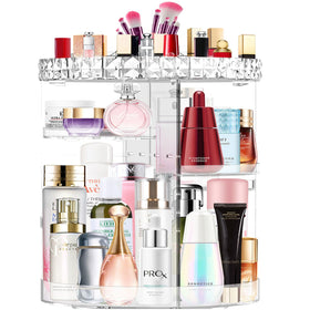 MISERWE 360° rotating makeup organizer offers easy access to cosmetics on the countertop.