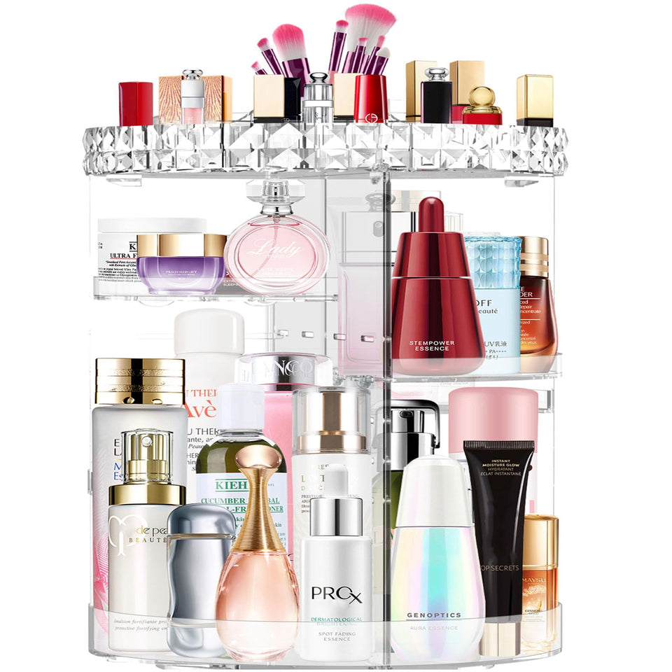 MISERWE 360° rotating makeup organizer offers easy access to cosmetics on the countertop.