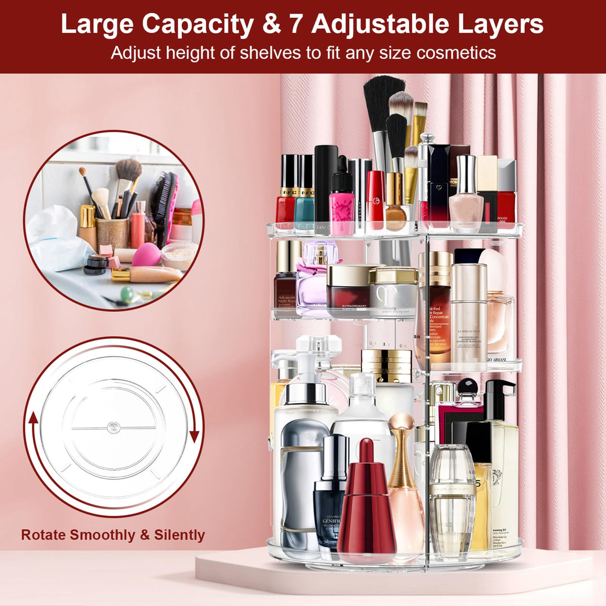 MISERWE adjustable layers organizer adapts to bottles and brushes with flexible heights.