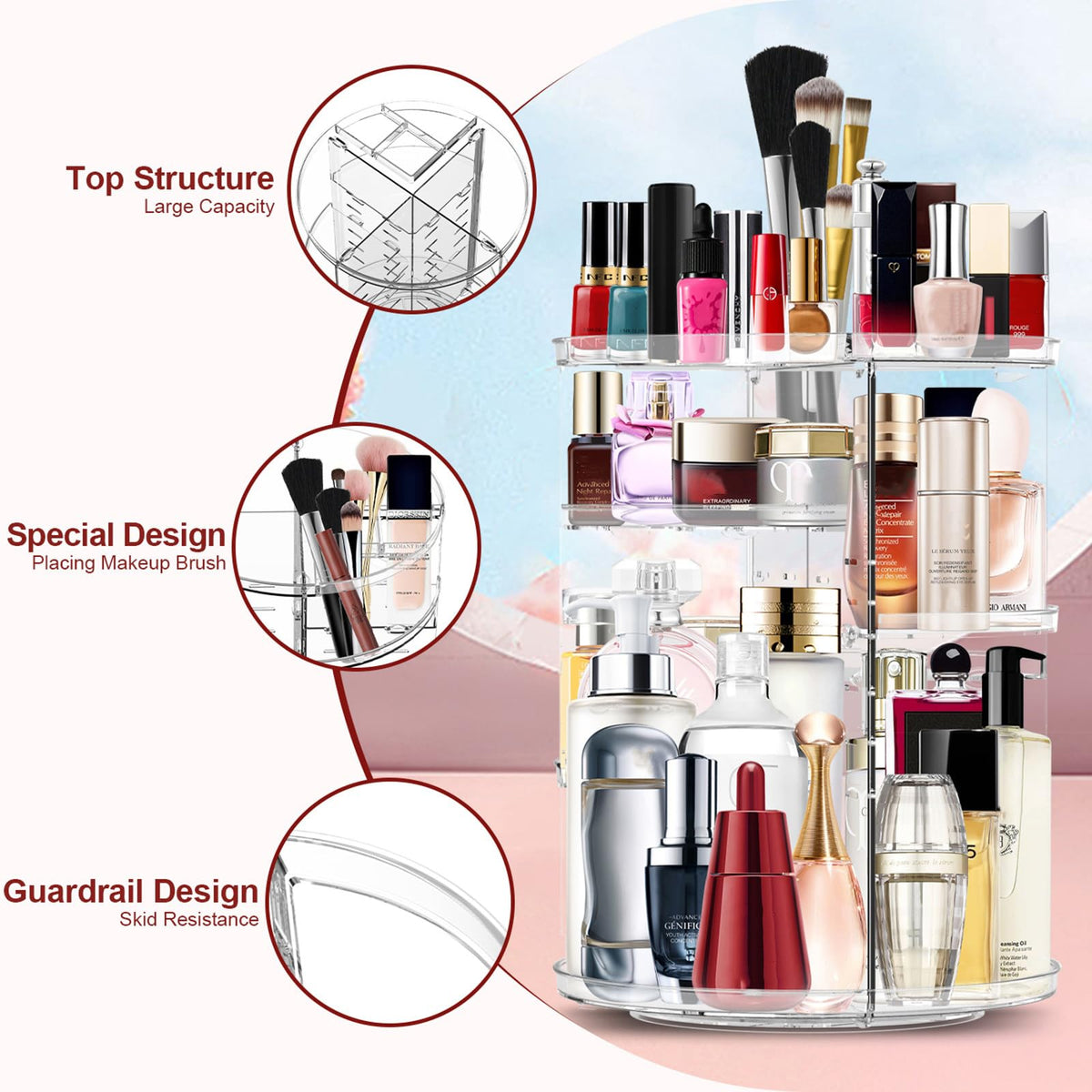 MISERWE large-capacity cosmetic storage keeps all lipstick, foundations and brushes neatly organized.