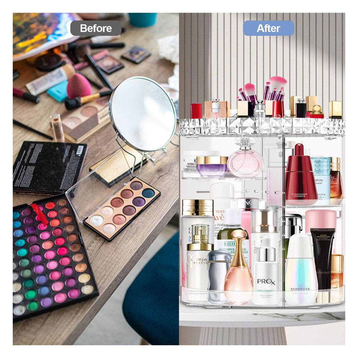 MISERWE seven adjustable layers adapt to tall bottles and diverse cosmetics.