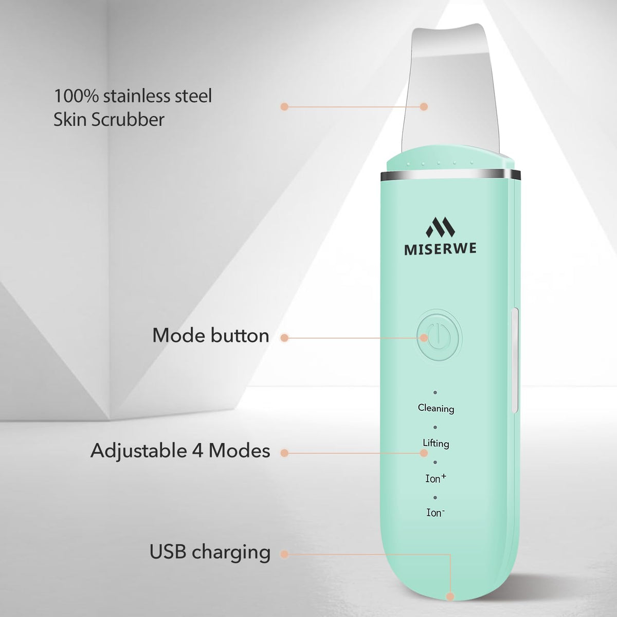 MISERWE Skin Scrubber in four-mode layout for customizable cleansing routine