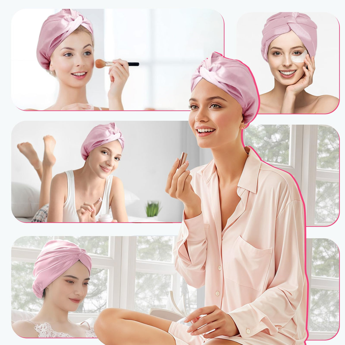 MISF silk bonnet pink on bedside, ready for nightly routine